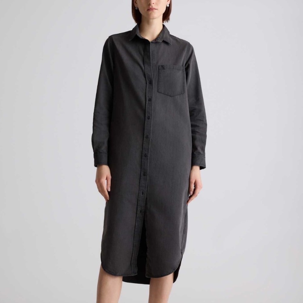 Quince 100% European Linen Maxi Shirt Dress Black Long Sleeve Women Sm Waist Tie
